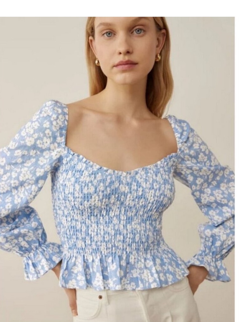 Smocked Square-Neck Floral Blouse - Light Blue